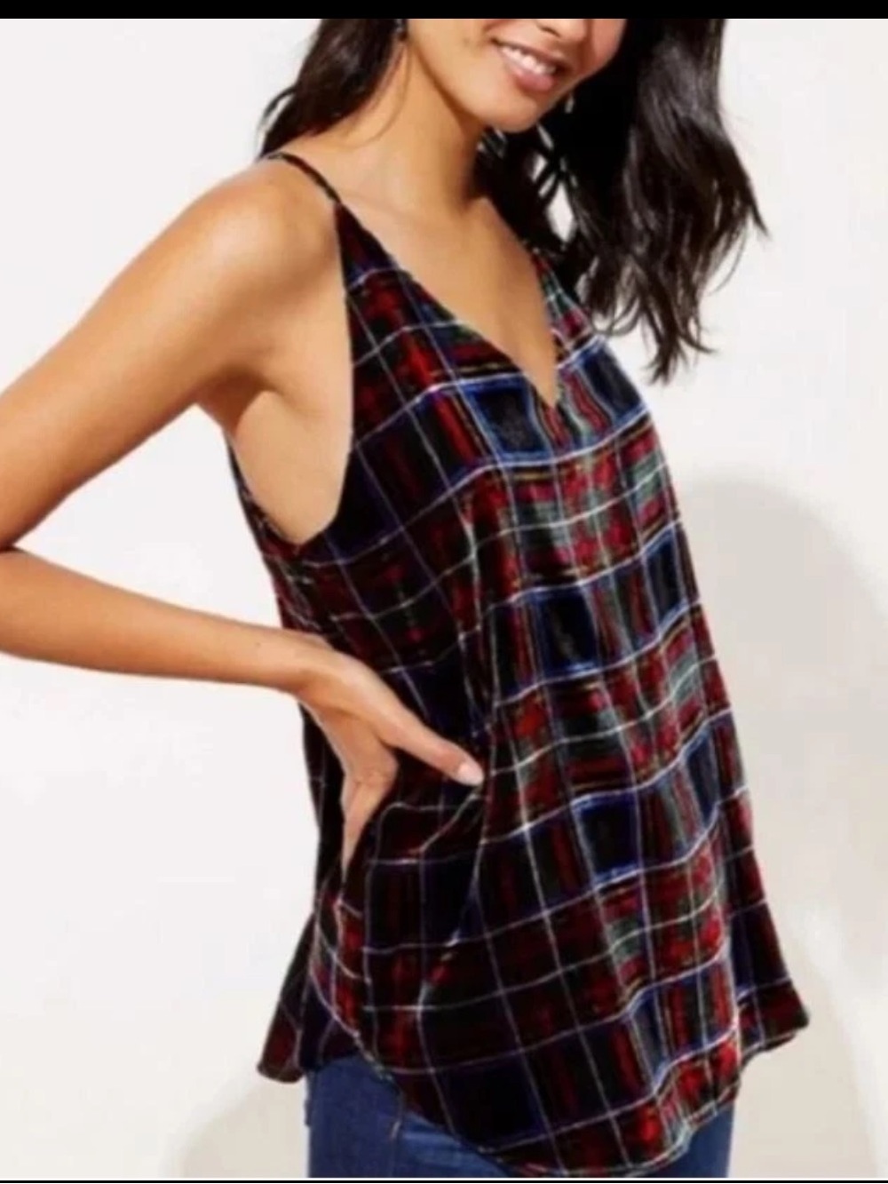 Ann Taylor LOFT Y2K Tartan Plaid Red & Black Velvet V-Neck Cami Size XS